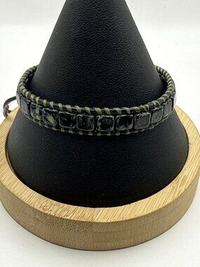 Boho Leather Wrap Bracelet Dark Green Square Tile Tila Bead Goblincore